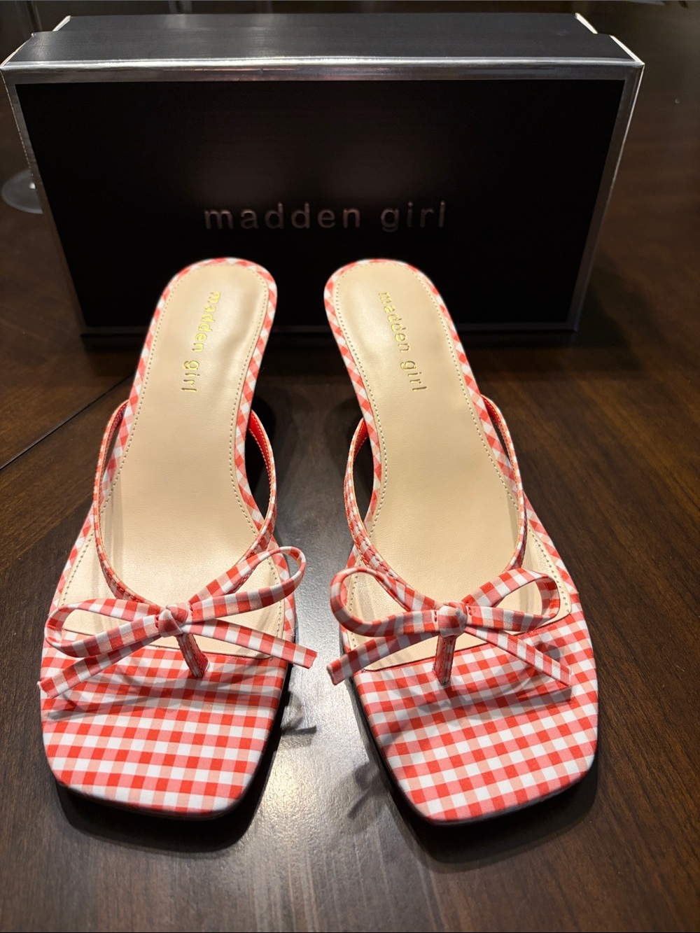 Madden Girl Red Gingham Bow Slide Mules